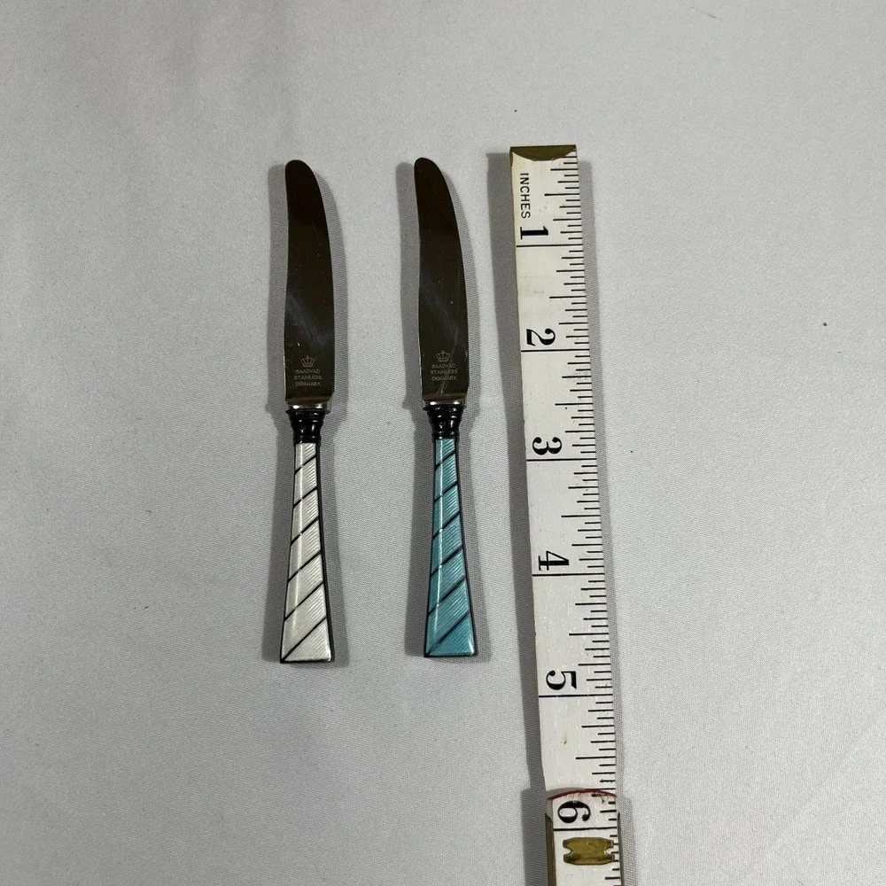 Raadvad Denmark Stainless Enamel Mini Butter Spreader Canape Knives Sheaths MCM